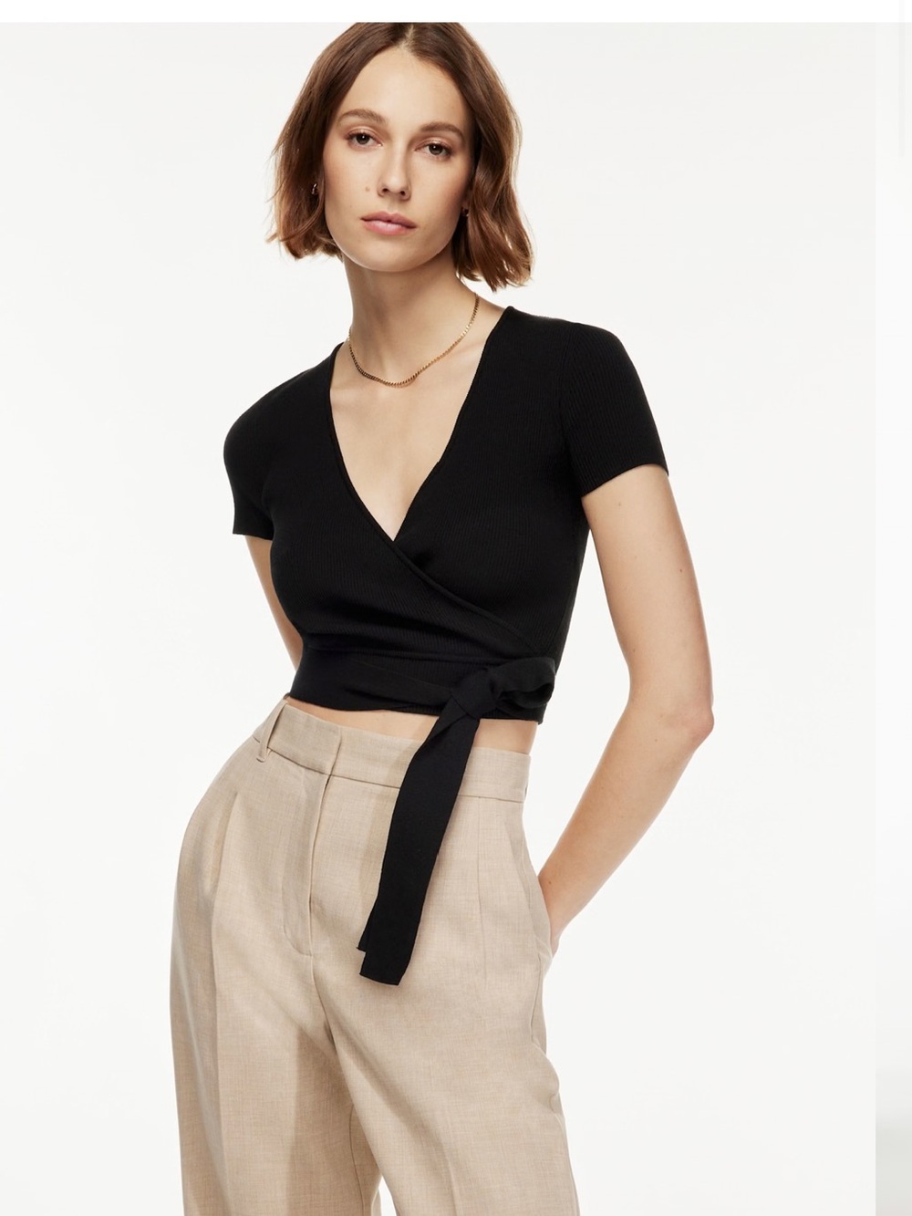 Aritzia Wilfred NWT All Tied Up Sweater Short-Sleeve Wrap Sweater Black Size S